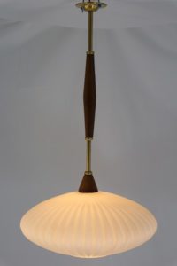 50s-60s White Glass & Teak Ceiling Light Restored and Lit